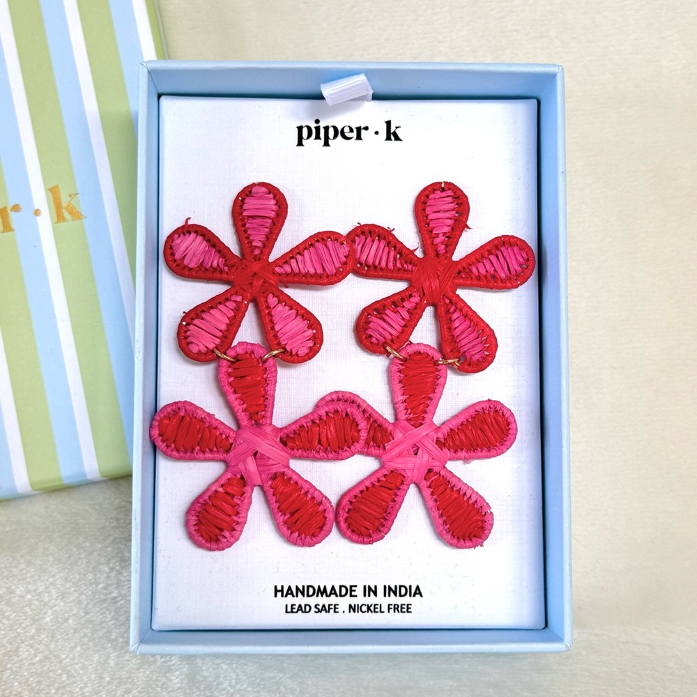 Piper K Raffia Pink & Red Statement Flower Earrings